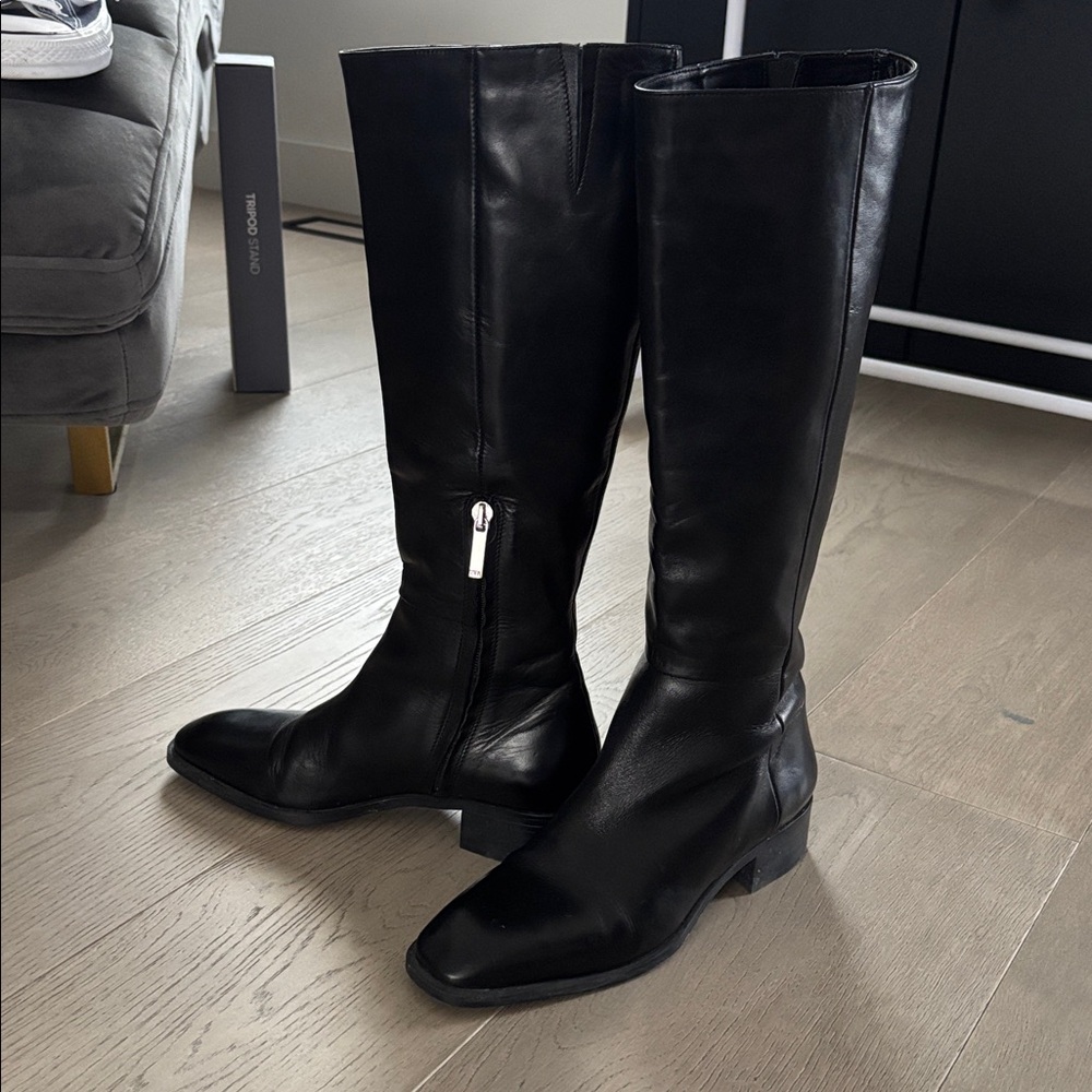 Zara Black Leather Knee-High Boots with Side Zip Detail